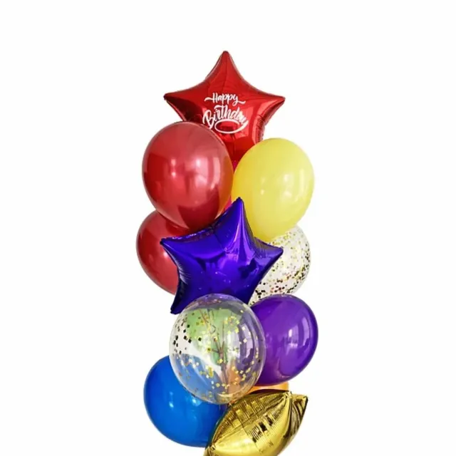 Связка воздушных шаров со звездой красный металлик и надписью "Happy Birthday"
